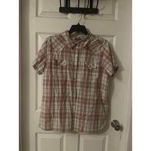 Wrangler Pink White Blue Plaid Woven Cotton Polyester Short Sleeve Snap Shirt XL